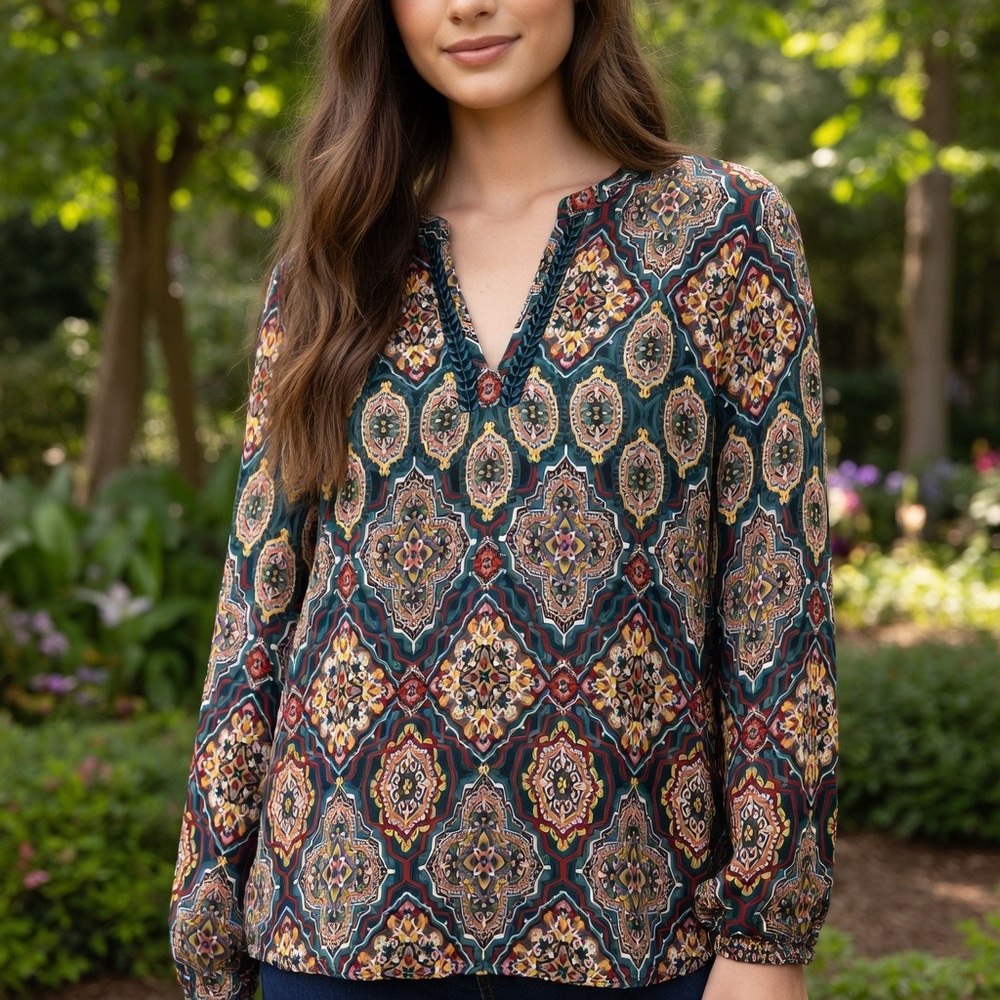 LOFT Dark Green Boho Mosaic V-Neck Long Sleeve Blouse Tunic Persian Jewel Tones
